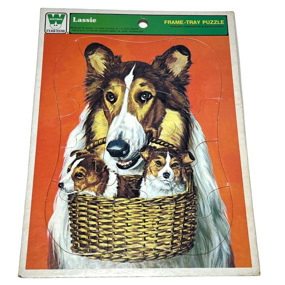 Vintage 1973 Whitman Cardboard Frame-Tray Puzzle Lassie with Basket of Puppies